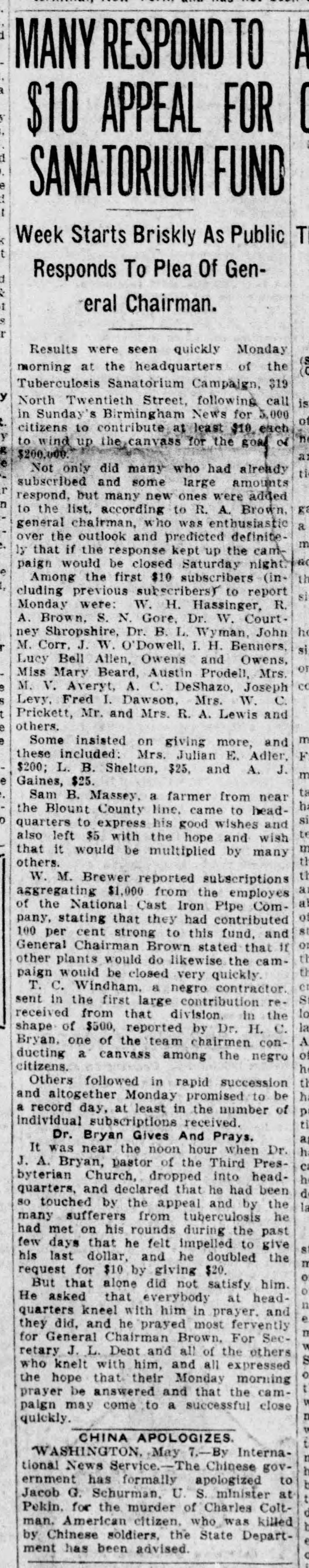 Many Respond to $10 Appeal For Sanitorium Fund